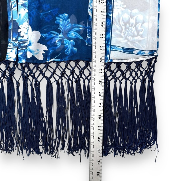 Chicos Travelers L/XL Blue Patchwork Fringe Duster Open Kimono Swim Cover Floral - Picture 7 of 11